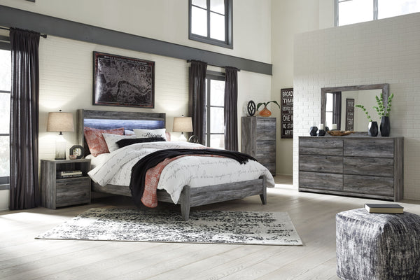 Baystorm - 5 pzas - Cómoda, Chifonier, Espejo, Cama King con panel - Gris