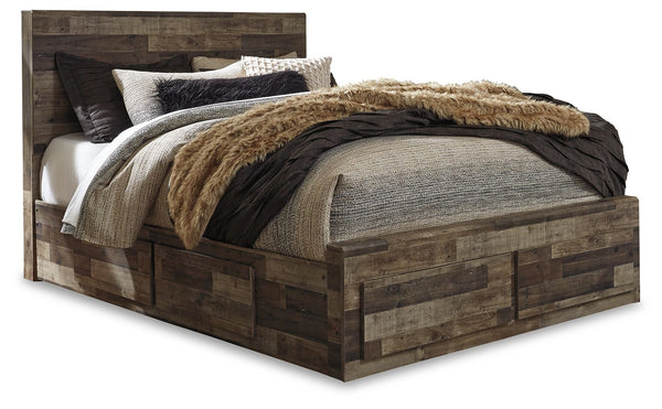 Modern yet hefty. This queen panel bed with storage makes an urban eclectic statement. Seasoned raw wood look merges with the clean lined design we love today. Muted rustic finish over replicated pine grain maintains its authenticity for a beauteous look.