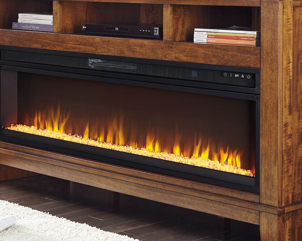 Add a touch of warmth and create beautiful ambiance for your TV viewing pleasure with this wide fireplace insert. Available as an addition on select TV stands and entertainment centers, this insert can easily replace a lower shelf in your entertainment ce