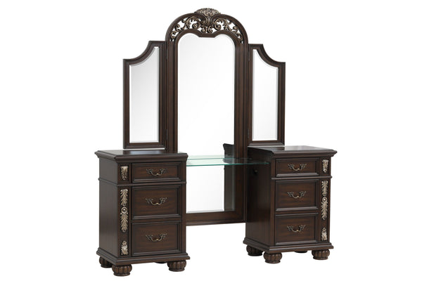 The Royal Classics Maximus Vanity Table in Madeira Brown is a perfect blend of timeless elegance and modern functionality. Meticulously crafted from solid poplar and premium birch veneers, this vanity table is designed for enduring beauty and durability, 