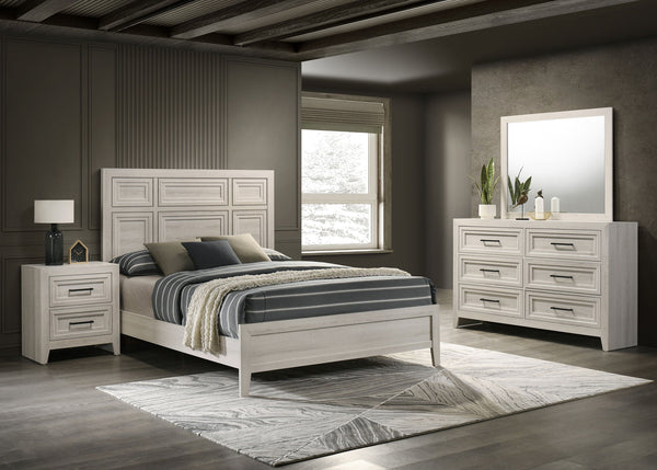 Elevate your bedroom with this elegantly designed furniture collection, blending contemporary sophistication with timeless charm. The soft, light wood finish exudes a sense of tranquility, while the intricate panel detailing adds a touch of refined crafts