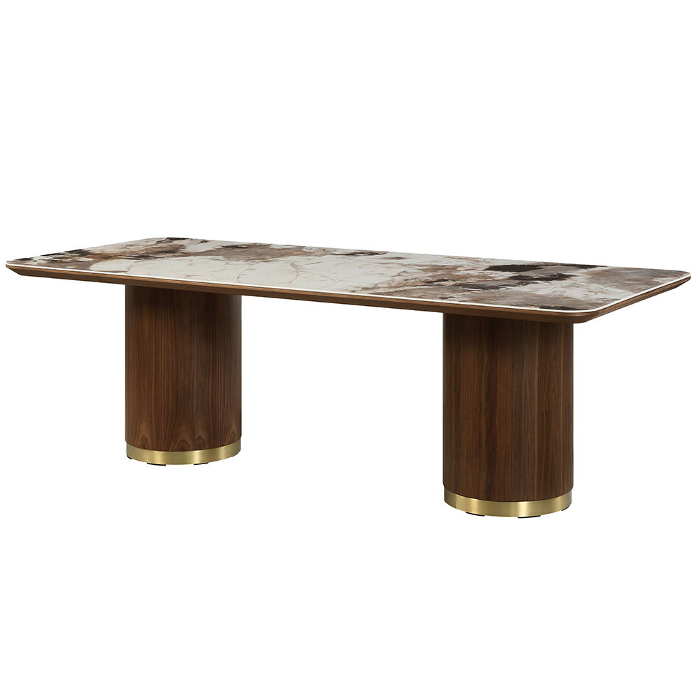 Indulge in the romance of dining with the Willene collection. This exquisite set features a sleek ceramic dining table paired with luxurious upholstered chairs, creating an ambiance of elegance and comfort. Perfect for intimate dinners or lavish gathering