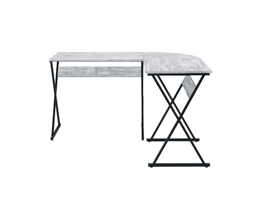 Strike a balance between contemporary design and age-old materials. The Zafiri Desk features an modern L-shaped top , with round corner design for both safety and style. The classic combination of rustic wood and black metal infuse the desk with an old-wo