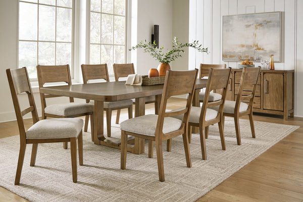 This dining room set sits comfortably at the intersection of modern lodge and farmhouse aesthetics. Your warm and welcoming disposition is reflected in its charming architectural elements and light brown glazed finish. Even with its poise, it remains prac