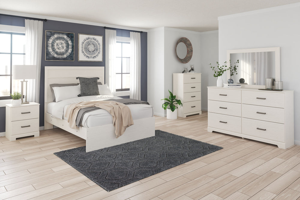 Stelsie - 4 piezas - Cómoda, espejo, cama matrimonial con panel - Blanco