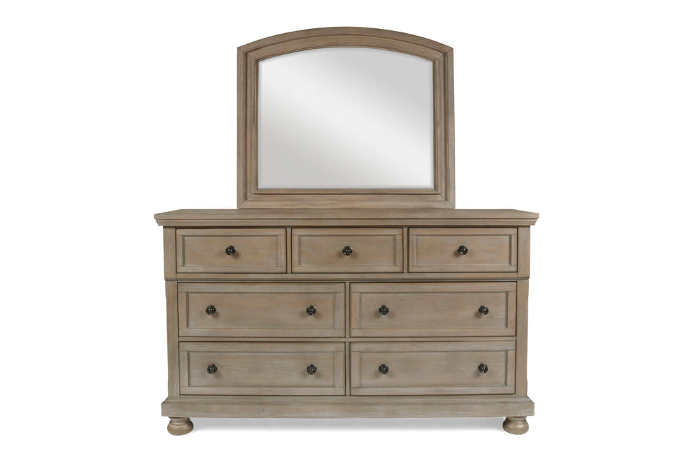 The Allegra Dresser Mirror in a sophisticated pale pewter finish is the perfect blend of durability, style, and clarity, making it an essential complement to your bedroom furniture. Expertly crafted from solid Mindi wood, engineered woods, and wood veneer