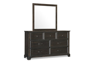 The Stafford County Wood 7 Drawer Dresser in walnut brown combines quality craftsmanship with contemporary design. Crafted from solid acacia, manufactured woods, and acacia veneers, this dresser is built to last and enhances any bedroom with its beauty. T