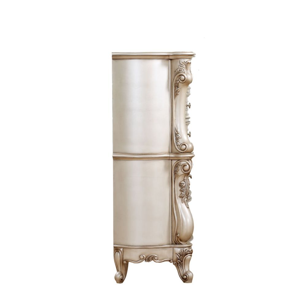The Gorsedd chest is exclusively designed and filled with romantic spirit. Expertly detailed, the chest is crafted with romantic elements combining Queen Anne legs and ornate floral accents in matching antique finish. Add glamorous French provincial charm