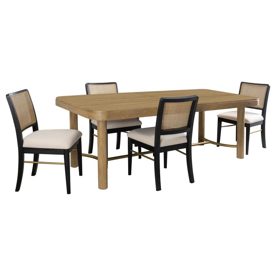 This dining set blends modern craftsmanship with natural textures for a refined yet inviting feel. The dining table features a trestle base with an antique brass-finished metal stretcher bar, adding stability and contrast. Rounded corners soften the recta