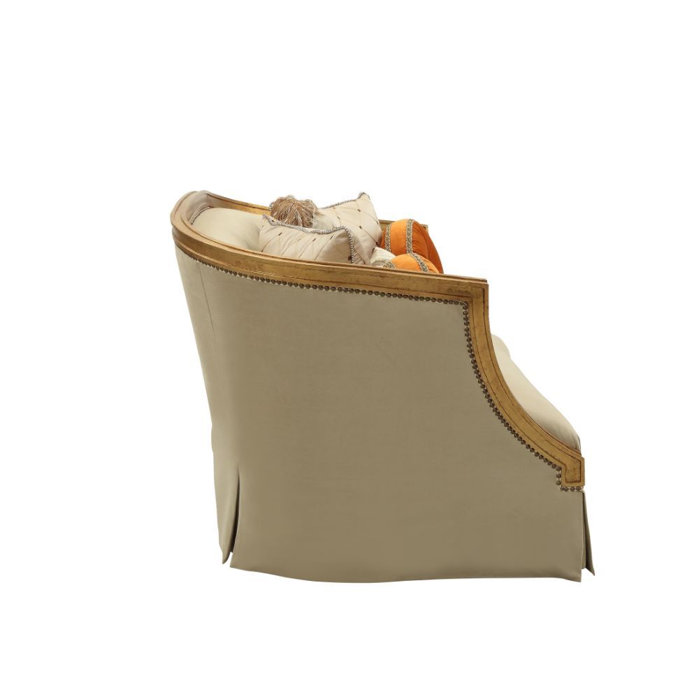 Assembled, w/5 Pillows â€¢ Carved Curved Molding with Nailhead Trim: Antique Gold Finish, Poplar Wood (Backrest, Armrest) â€¢ Backrest Style: Barrel â€¢ Tight Back & Seat Cushion (1+1) â€¢ Seat Construction: Frame Hardwood, Pocket Coil Included, Streamlin