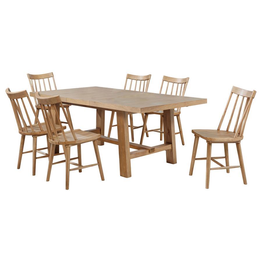 This refined dining set pairs timeless craftsmanship with a modern touch for a stylish and functional space. The extension dining table features a removable 16-inch leaf, expanding from 60 to 76 inches to accommodate various gatherings. Solid mahogany, en