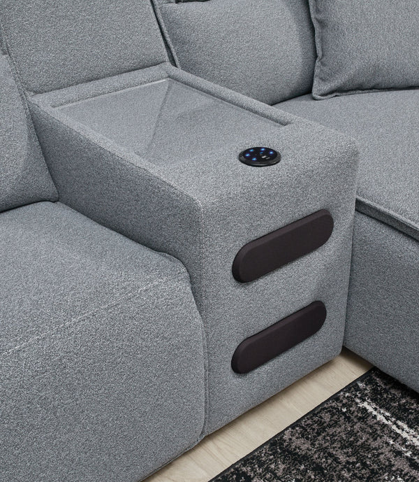 Modmax - Salt And Pepper - 7-Piece Power Reclining Sectional With LAF Power Chaise And With Audio Console