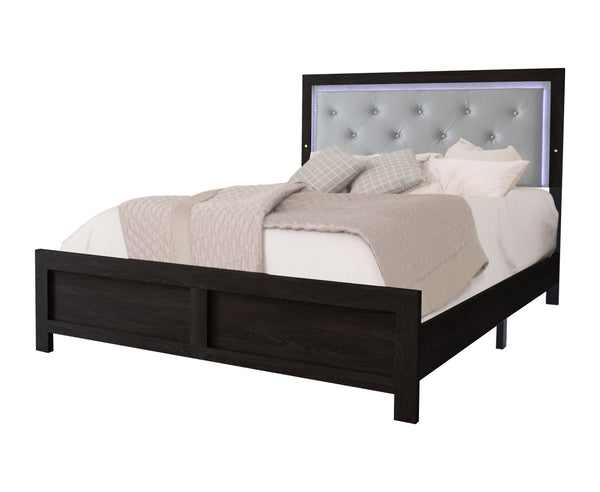 This bedroom suite offers a straightforward, modern design with a rich, dark finish that could seamlessly integrate into various decor styles. The set is pragmatic yet stylish, featuring clean lines and a simple, sturdy construction. The bed-'s headboard 