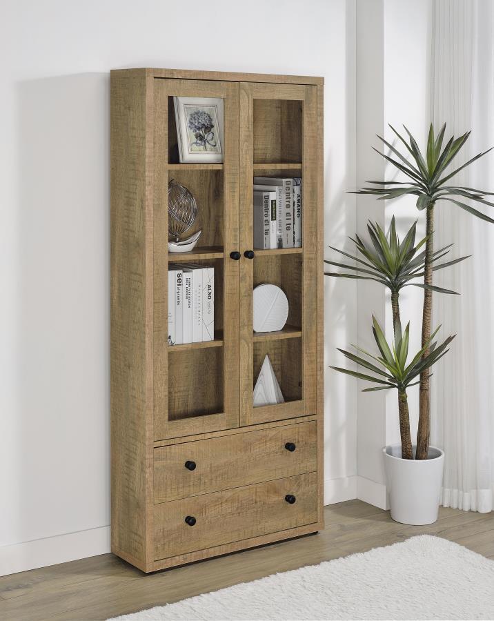Glass doors are a key feature on a modern accent cabinet that blends into a variety of decors and living spaces. Providing four shelves for showing off everything from glassware to travel souvenirs, the cabinet features wood framed glass doors. They open 
