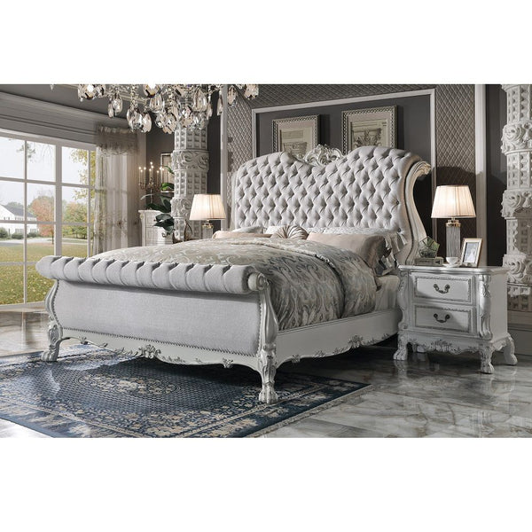 Exclusive Design Box Spring Required Sleigh Bed: Rolled Headboard/Footboard (Low Profile Footboard) Padded Headboard & Footboard Oversized Scrolled Crown, Trim & Claw Style Legs Wooden Frame & Poly-Resin Motifs