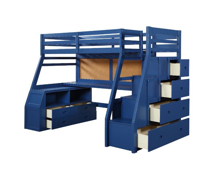 This Jason bunk bed is a twin over full bunk bed with plenty of built in storage with drawers incorporated into the stairs to upper twin bed. An additional trundle pull out bed under the lower full bed creates more space for extra use. A full guard rail w
