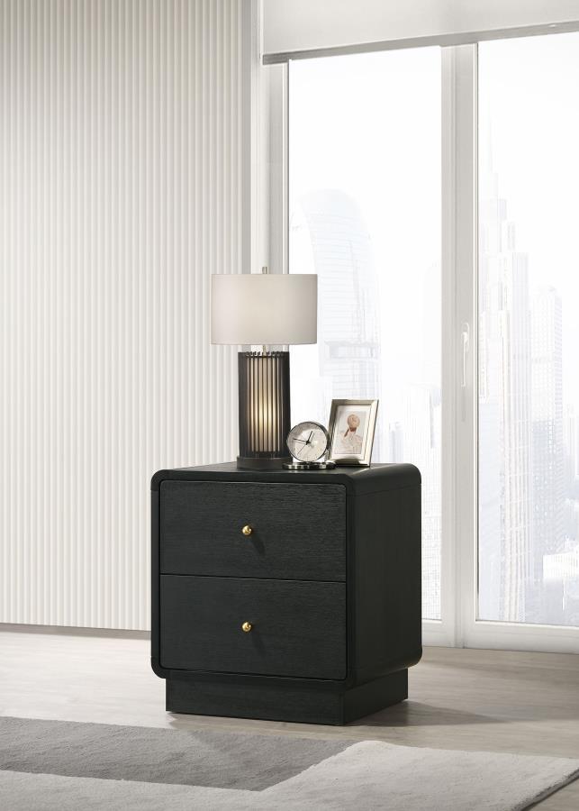 Put finishing touches on a sophisticated bedroom ensemble with this modern two-drawer nightstand. Offering roomy storage for overnight essentials, it features a rich black finish over melamine surfaces that are designed for longevity. The nightstand featu
