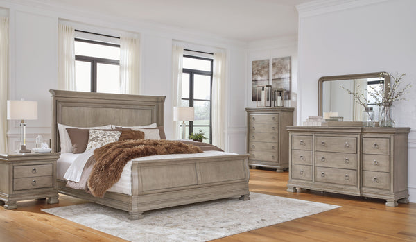 Lexorne - Gris - 7 Piezas - Cómoda, Espejo, Chifonier, Cama King Trineo, 2 Mesitas de Noche