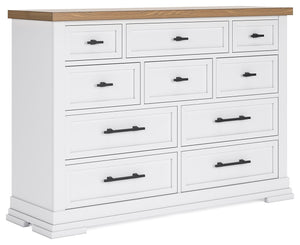 Casual style with substance. This two-tone dresser raises the bar on comfortably cozy design in your soothing sanctuary. A sturdy silhouette with a classic white finish and black metal hardware exudes modern farmhouse vibes. The butcher block oak veneer t