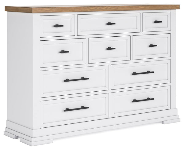 Casual style with substance. This two-tone dresser raises the bar on comfortably cozy design in your soothing sanctuary. A sturdy silhouette with a classic white finish and black metal hardware exudes modern farmhouse vibes. The butcher block oak veneer t