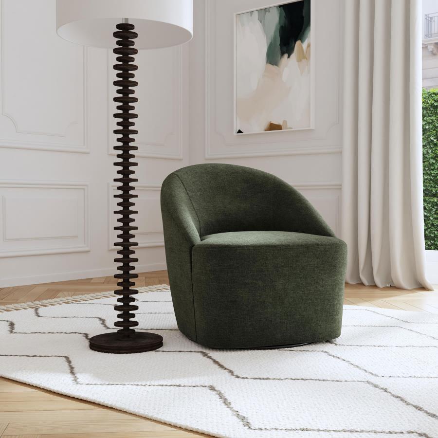 Upgrade your living room or den with the cozy, modern character of an upholstered accent chair. It swivels, encouraging conversation and offering versatility in a multifunctional living space. The chair is a take on a classic club silhouette, featuring a 