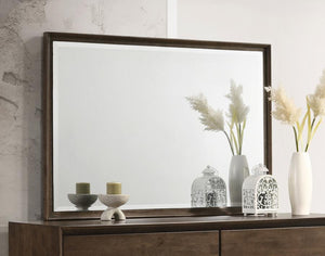  it mounts directly and features a warm brown wood finish. The mirror boasts beveled glass for added depth