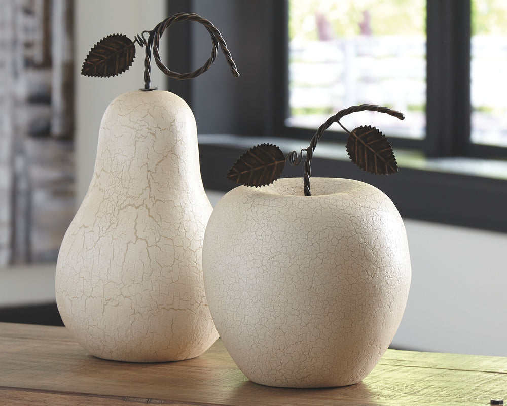 What a perfect pair. These apple and pear sculptures are artfully aged and scaled to fit almost anywhere. Display this delicious duo to give your space vintage appeal.<br><br><b>Additional Dimensions</b><br><ul><li>Sculpture-small: 0-"</li><li>Sculpture-l