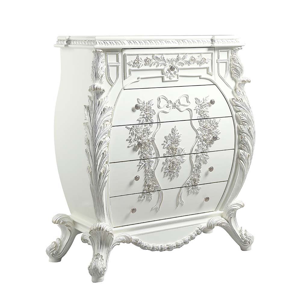 Luxurious style, sophisticated charm, and lustrous finishes are all included in the Vanaheim Bedroom Collection. Extravagant scroll floral design with gold trim accent creates classic appeal and timeless silhouettes. Button tufted headboard and footboard 