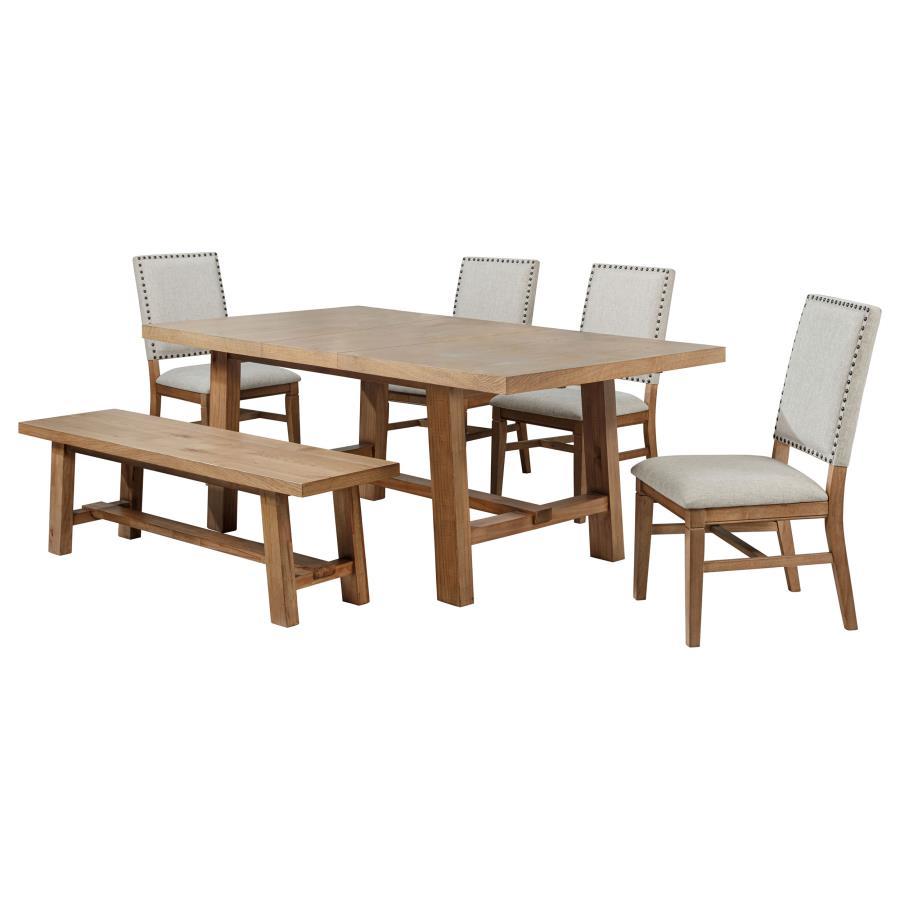 This sophisticated dining set combines timeless style with durability for an inviting dining experience. The extension dining table features a removable 16-inch leaf, expanding from 60 to 76 inches to accommodate both casual meals and formal gatherings. S