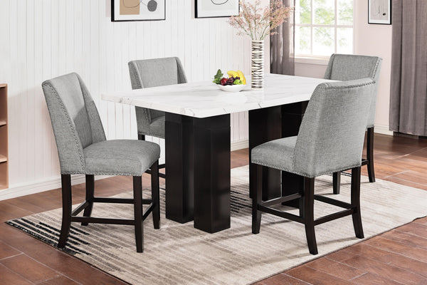 The Faust 5 Piece Counter Dining Set combines unparalleled luxury with exceptional craftsmanship, making it an exquisite addition to any dining space. This set includes a stunning white faux marble counter dining table and four elegantly upholstered Parso