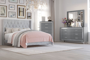 The Huxley 4-Piece Bedroom Set in Gray offers a perfect blend of contemporary glam and durable craftsmanship for a stylish and functional bedroom. This set includes an upholstered bed with headboard, footboard, two side rails, and slat kit, along with a 6