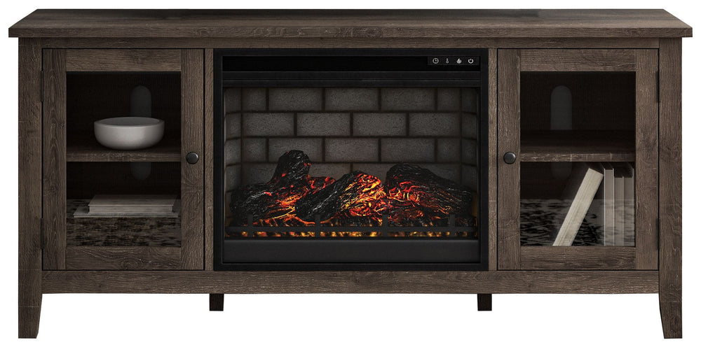 With its replicated weathered oak finish and minimalist charm, this TV stand with infrared fireplace insert is right in tune with your relaxed approach to high style. Beautifully made to accommodate your media equipment, itâ€™s well equipped with adjustab