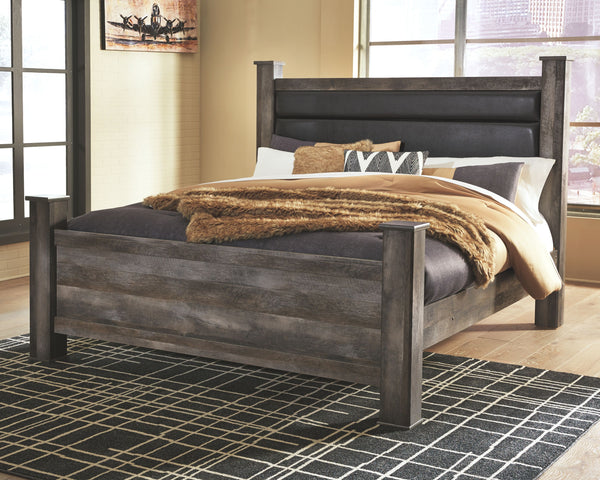 This king upholstered poster bed is sure to win your heart with its daring designer take on modern rustic. The bedâ€™s crisp, clean and minimalist-chic profile is enriched with a striking replicated oak grain with thick plank styling and a weathered gray 