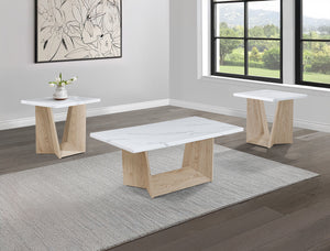 Introducing our modern elegance cocktail set, designed to infuse a touch of sophistication into your living space. Each piece showcases a sleek, marble-like tabletop, seamlessly combining luxury with a contemporary edge. The tables-' stark, angular light 