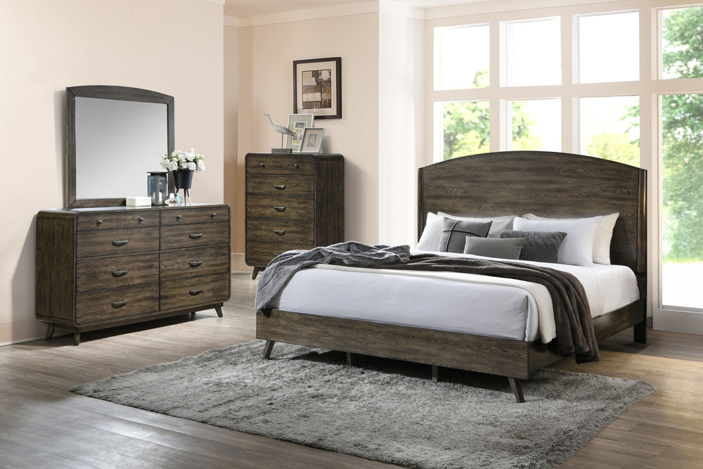 The Rex 4 Piece Bedroom Set in Walnut Brown includes a headboard, footboard, two side rails, a slat kit, a dresser, a mirror, and a chest, offering a comprehensive solution for your bedroom. Crafted from solid rubberwood, manufactured woods, and oak venee