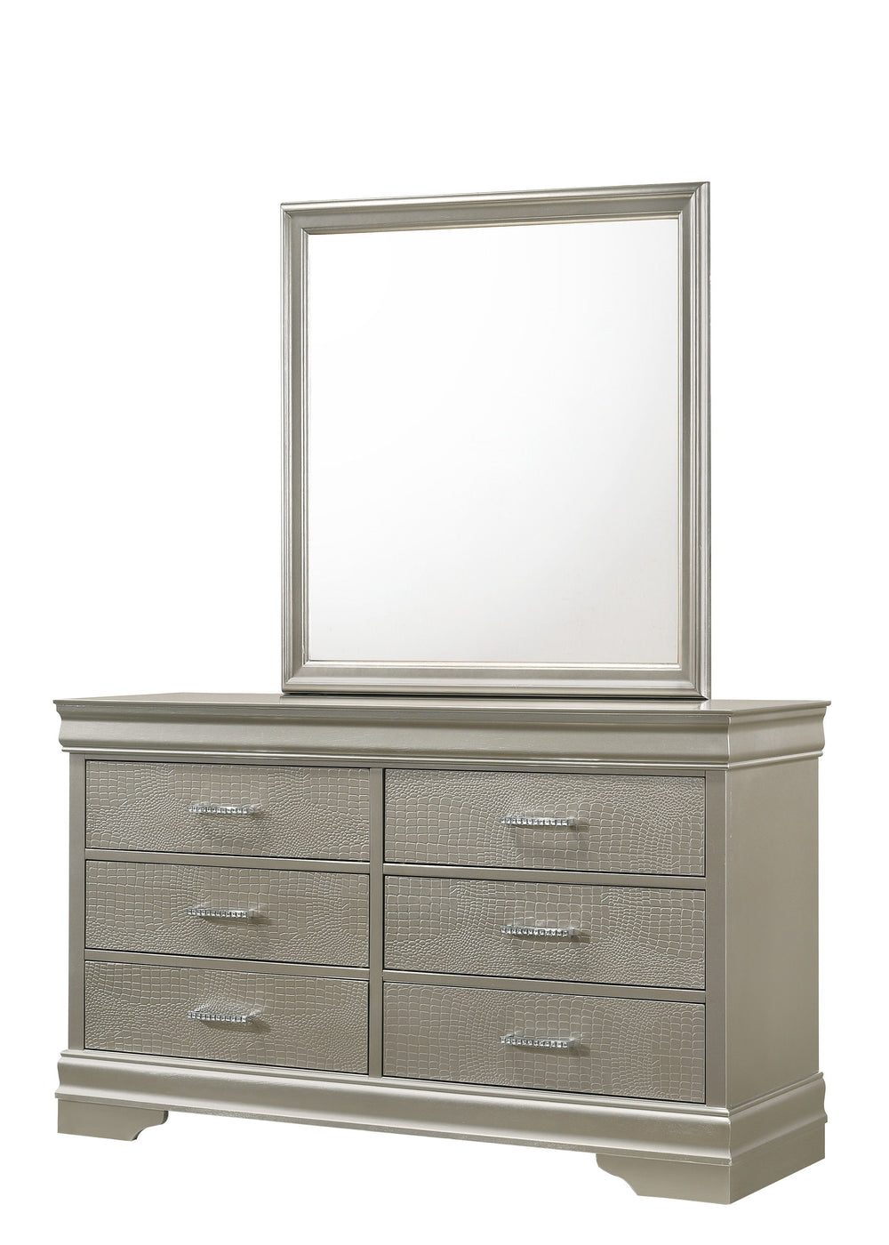 This bedroom set embodies a refined elegance with its soft silver hue and luxurious textures, perfect for creating a serene and sophisticated sanctuary. The centerpiece is a sumptuous bed framed by a headboard with diamond-tufted detailing, offering a tou