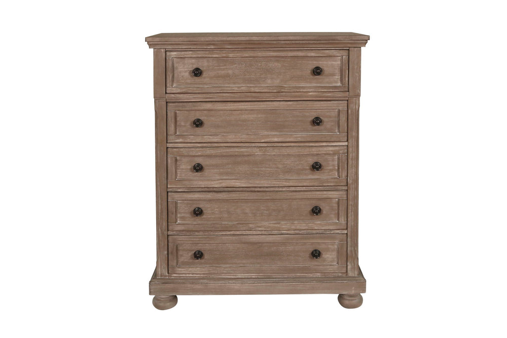 The Allegra 5 Drawer Chest in a sophisticated pale pewter finish is a perfect blend of durability, style, and functional storage, making it a standout addition to any bedroom. Expertly crafted from solid Mindi wood, engineered woods, and wood veneers, thi