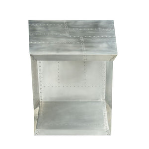  Writing Desk â€¢ NO Storage (Open Base) â€¢ Industrial Aviation Style: Aluminum Patchwork â€¢â€¢ CONSTRUCTION â€¢â€¢ Top: Aluminum with Ply Frame (No Back-Panel) â€¢ Metal Base: Geometric Shape