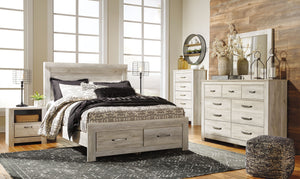 Bellaby - 8 piezas - Cómoda, espejo, cama Queen con plataforma y 2 cajones de almacenamiento, 2 mesitas de noche - Acabado blanqueado