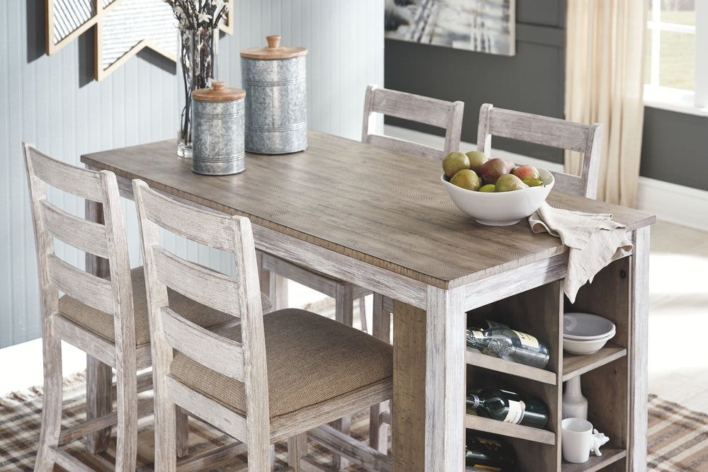 Made with Acacia veneers and select rubberwood solids, in a grayish white finish with rub through effect for a time worn appearance. Top is finished in a medium toned brown color with a planked effect with saw kerf distressing. Chair has a classic casual 