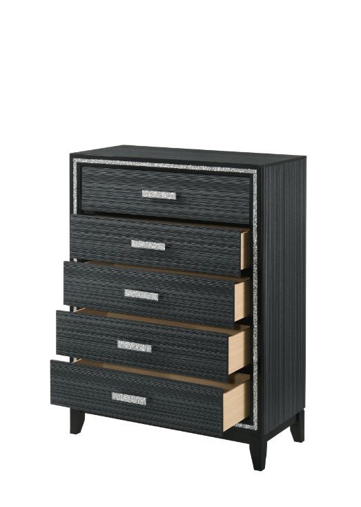 Classic design with touches of modern aspects makes this Haiden Chest ideal for any bedroom. The piece offers a rectangular table top and five storage drawers for displaying or organizing. It also features a glamorous shimmering silver accent trim that ad