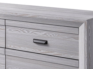  featuring a neutral drift wood finish that complements its clean and contemporary design. The robust bed frame anchors the room with a sense of sturdiness and style. Accompanying the bed ar