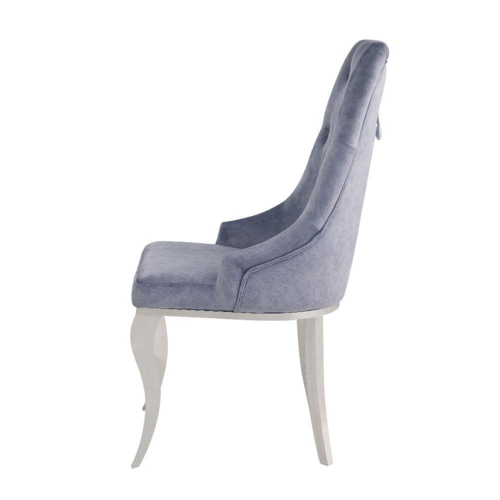 Dining Chair (High Back) Stationary Seat: Standard Dining Height Padded SEAT & BACK: Fabric () Stainless Steel Apron Seat Padded Backrest (Inside Button Tufted, Outside Ring) [sc] Stainless Steel Cabriole Leg Sloped Low Armrest: Padded<br/><br/><b>Product