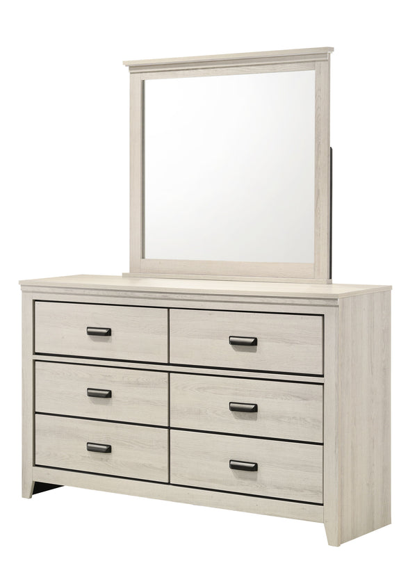 This bedroom set marries rustic appeal with contemporary lines, offering a cozy yet refined aesthetic to any modern home. The set features a generously sized bed with a broad, planked headboard with integrated sconces, creating an inviting ambiance. Flank