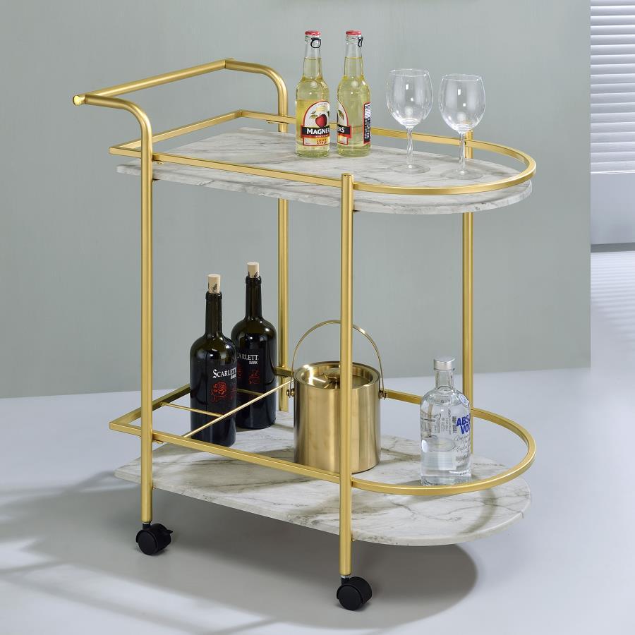 Invite guests over for an intimate soiree and serve up cocktails on this contemporary bar cart. Classic faux white marble shelves stack on top of one another, lending a traditional approach to its sleek modern silhouette. Rounded edges on one side add to 