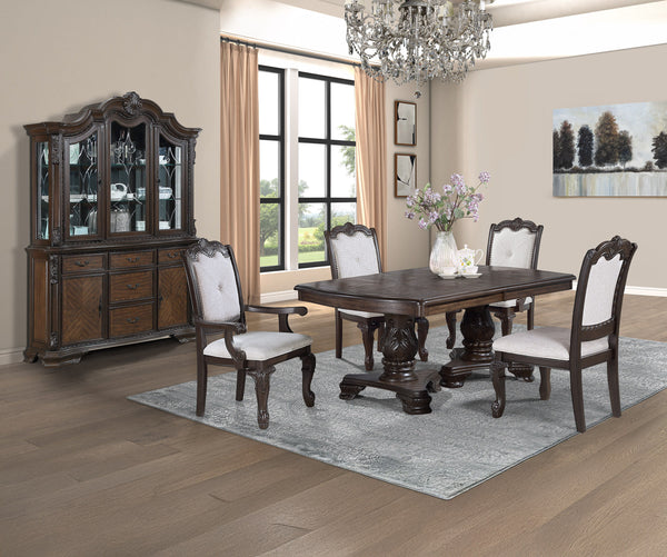 Elevate your dining experience with this exquisite and elegantly crafted set, designed to bring timeless sophistication to your home. The grand rectangular table features a rich, dark finish and intricately carved double pedestal base, making it the perfe