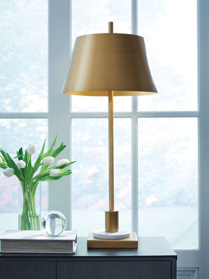  this contemporary table lamp shines the spotlight on modern luxury. Its rich goldtone finish