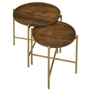 Malka - 2 Piece Round Wood Nesting Table - Dark Brown And Gold