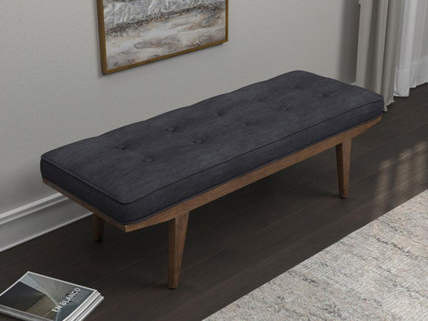  this wooden bench is crafted for comfort and style. The attached seat cushion gives you a comfortable place to sit as you get ready to walk out the door. Angled legs add mid-century modern flair. Decorative button tuftin
