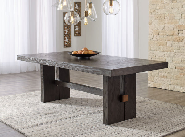  this simply stunning dining room group offers a high-design look at a down-to-earth price. Ultra sleek lines are accentuated with a dark waxy brown oak-tone finish thatâ€™s so easy on the eyes. Clean-lined and modern